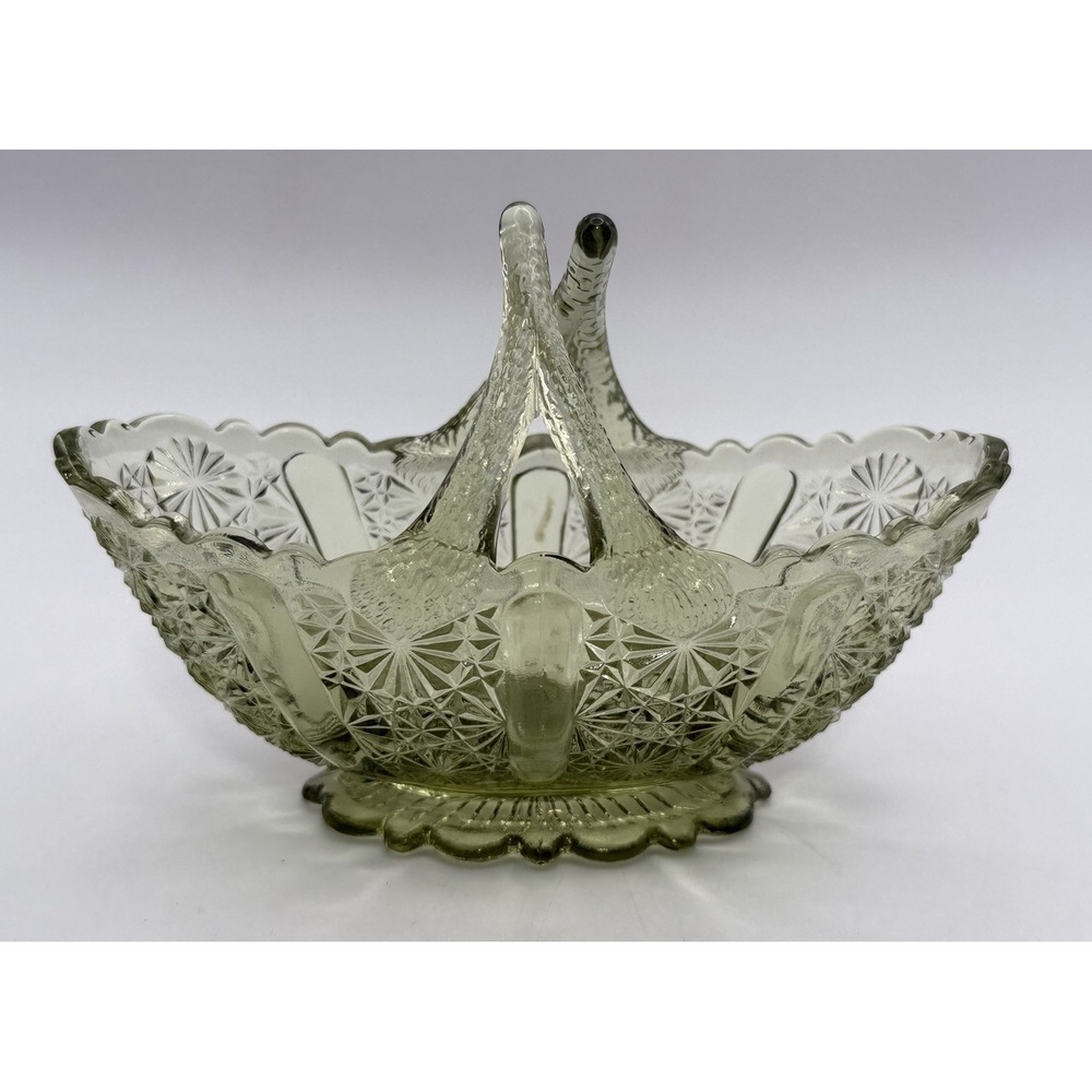 Vintage Fenton Art Glass Colonial Green Daisy Button Split Twig Handle Basket 6"